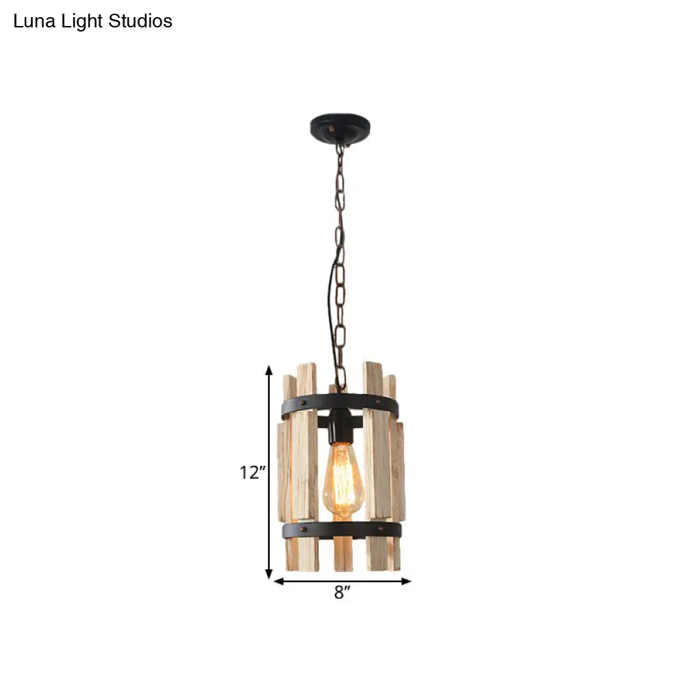 Rustic Pendant Lamp With Wooden Frame And Metallic Finish - Single Bulb Suspended Parlor Light In