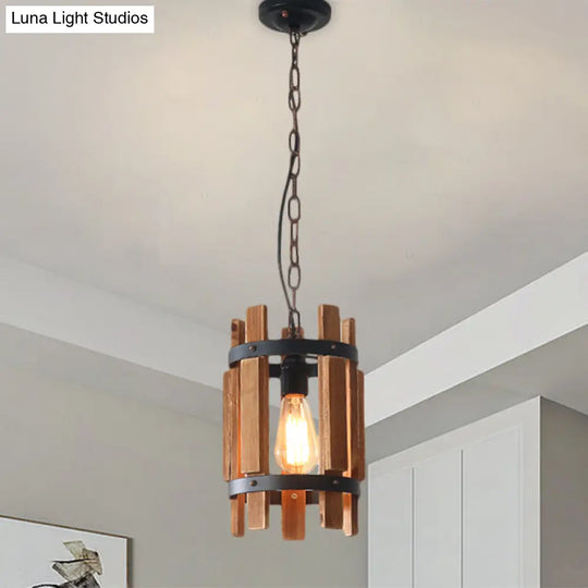 Rustic Round Metallic Pendant Lamp With Wooden Frame - Wood/White