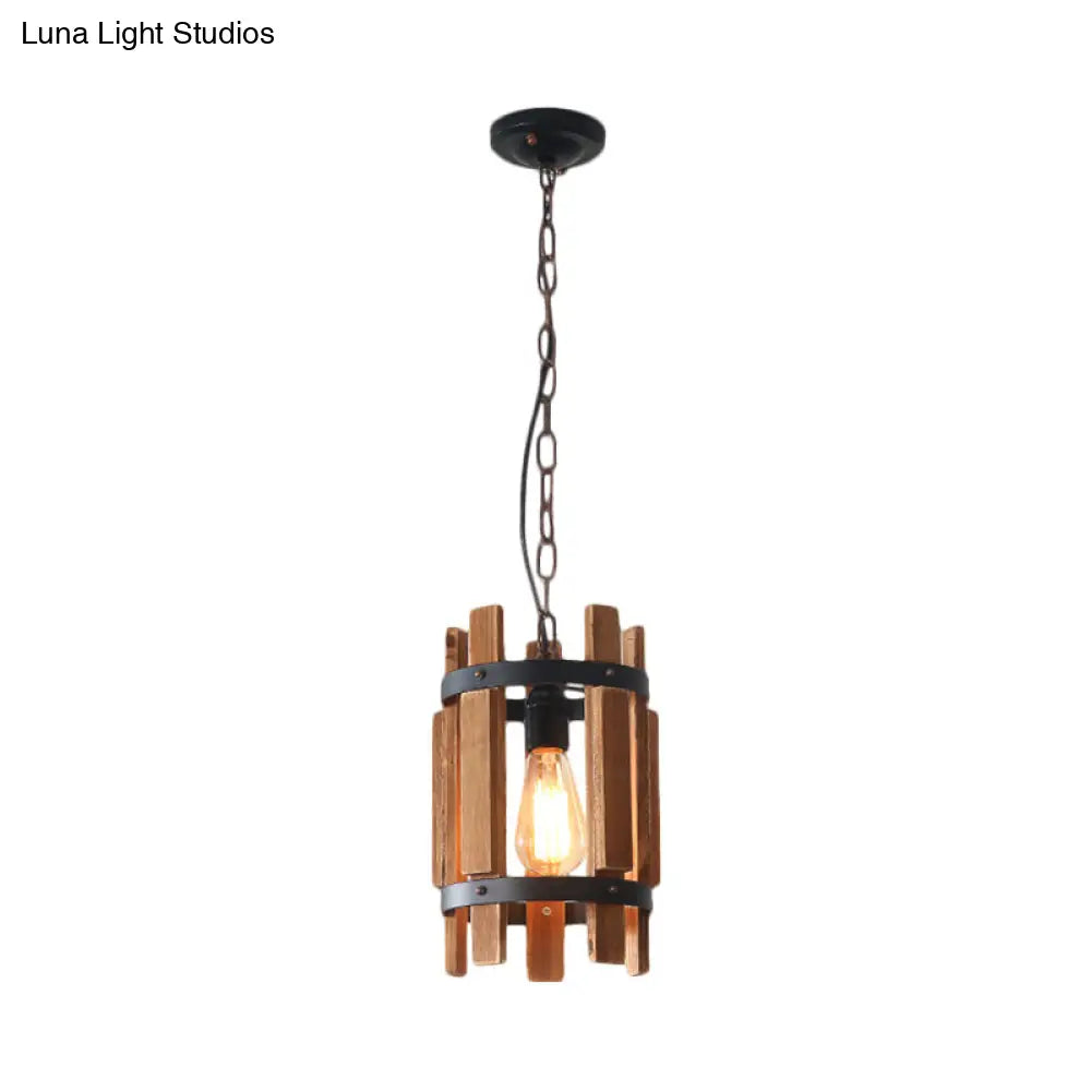 Rustic Pendant Lamp With Wooden Frame And Metallic Finish - Single Bulb Suspended Parlor Light In