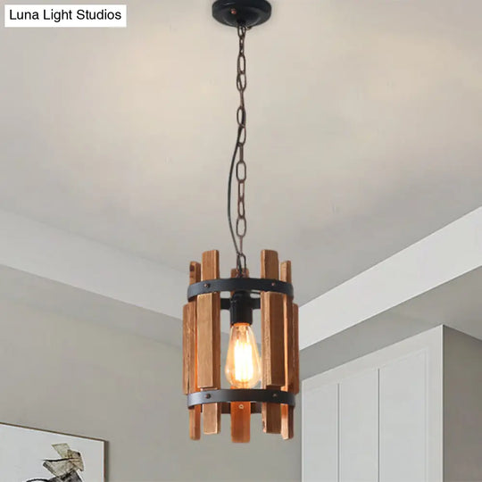 Rustic Pendant Lamp With Wooden Frame And Metallic Finish - Single Bulb Suspended Parlor Light In