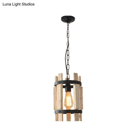 Rustic Pendant Lamp With Wooden Frame And Metallic Finish - Single Bulb Suspended Parlor Light In