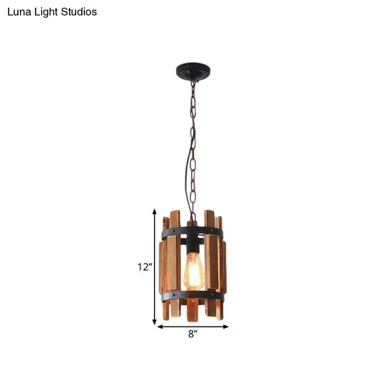 Rustic Pendant Lamp With Wooden Frame And Metallic Finish - Single Bulb Suspended Parlor Light In