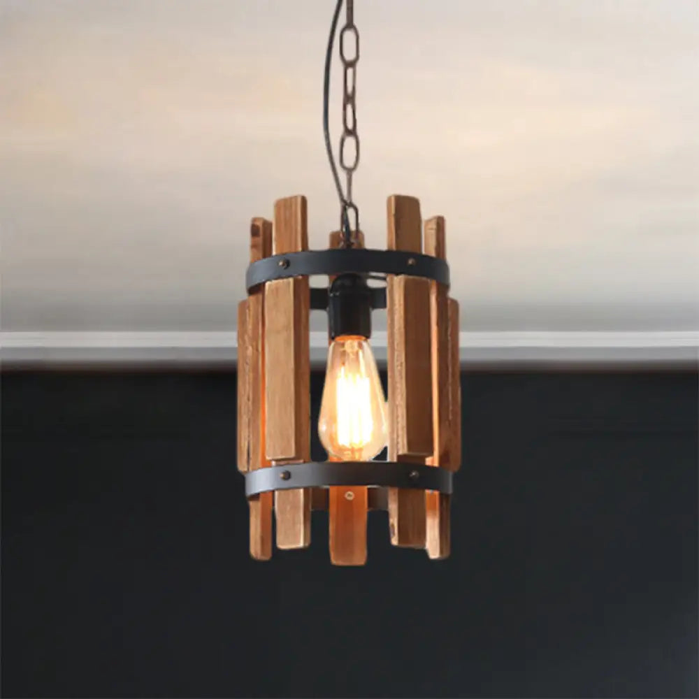 Rustic Round Metallic Pendant Lamp With Wooden Frame - Wood/White Wood