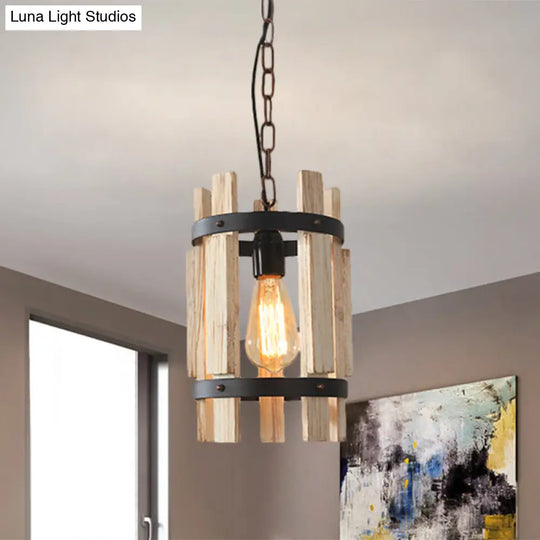 Rustic Round Metallic Pendant Lamp With Wooden Frame - Wood/White