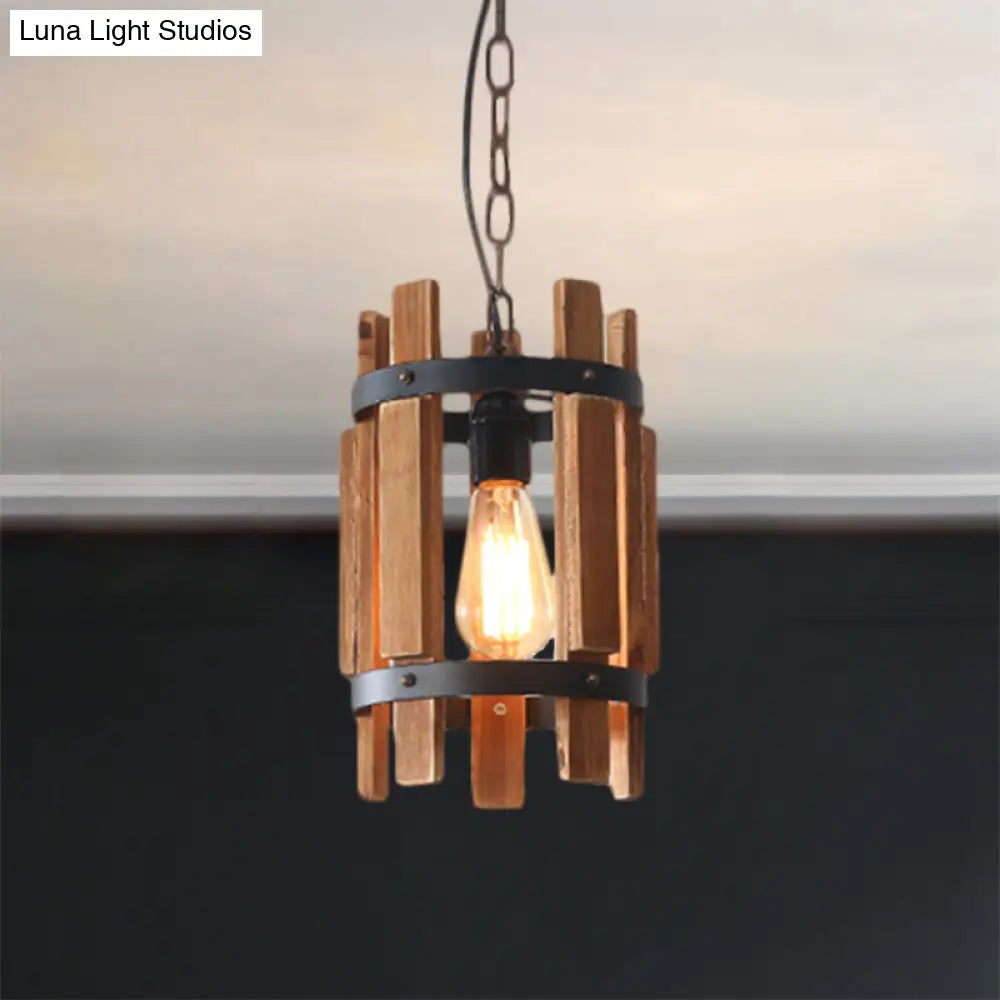 Rustic Pendant Lamp With Wooden Frame And Metallic Finish - Single Bulb Suspended Parlor Light In