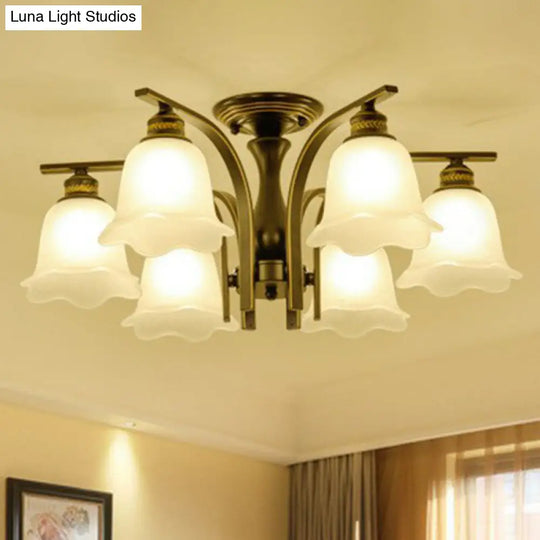 Rustic Ruffled Semi Flush Cream Glass Chandelier - Stylish Ceiling Light For Living Room 6 / Black