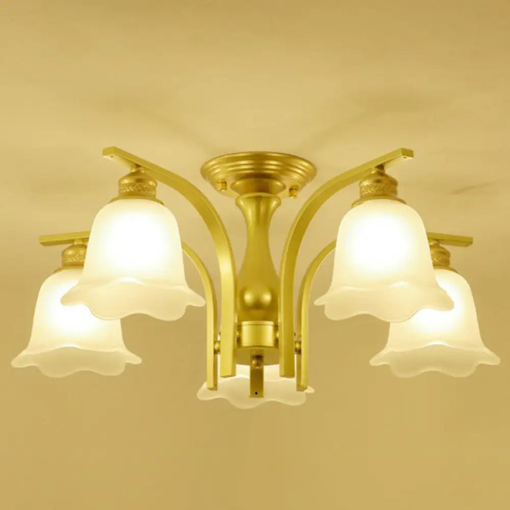 Rustic Ruffled Semi Flush Cream Glass Chandelier - Stylish Ceiling Light For Living Room 5 / Gold