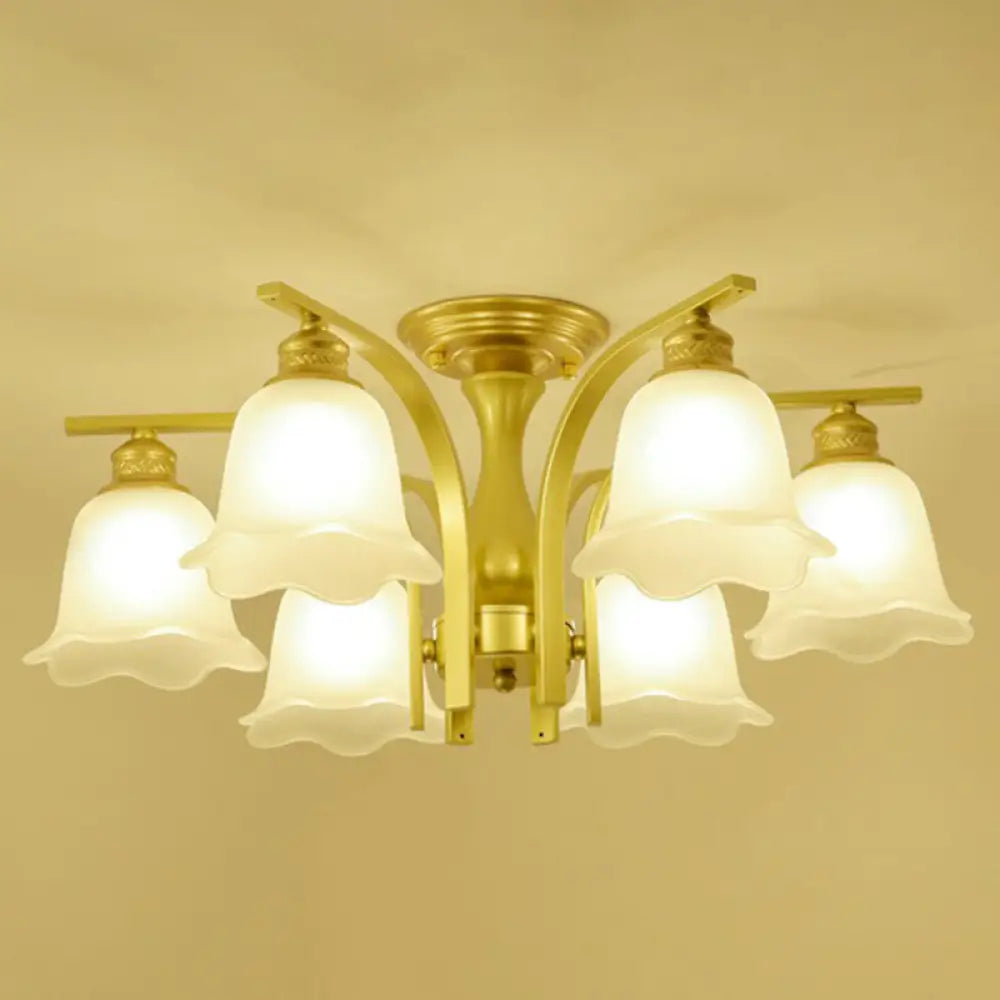Rustic Ruffled Semi Flush Cream Glass Chandelier - Stylish Ceiling Light For Living Room 6 / Gold