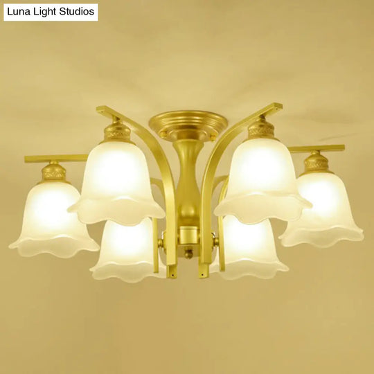 Rustic Ruffled Semi Flush Cream Glass Chandelier - Stylish Ceiling Light For Living Room 6 / Gold
