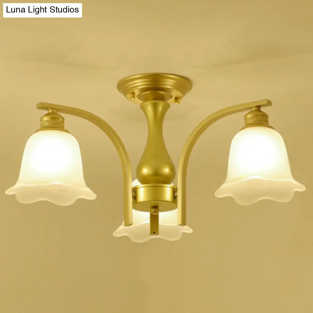Rustic Ruffled Semi Flush Cream Glass Chandelier - Stylish Ceiling Light For Living Room 3 / Gold