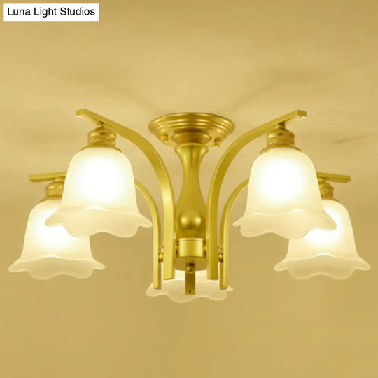 Rustic Ruffled Semi Flush Cream Glass Chandelier - Stylish Ceiling Light For Living Room 5 / Gold