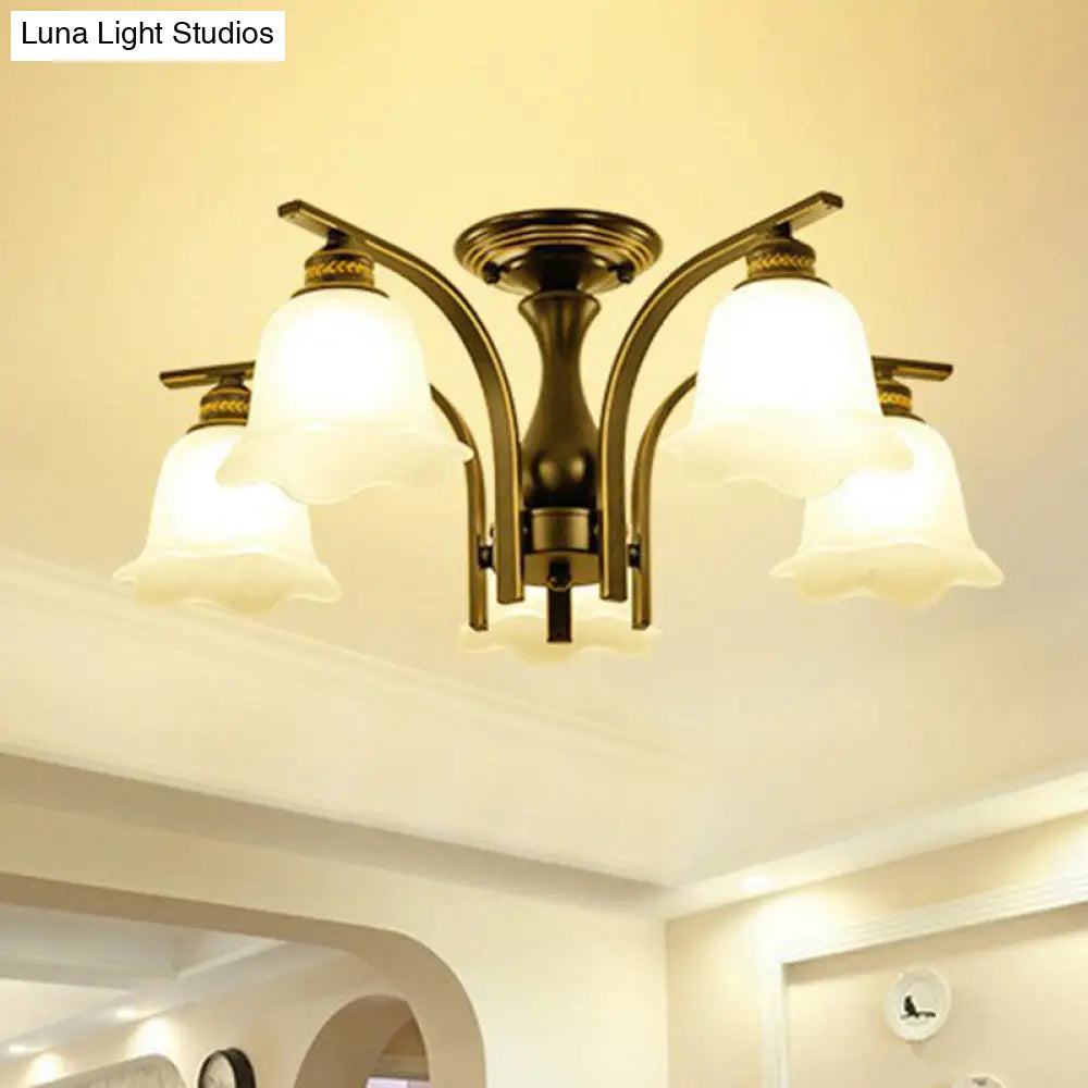 Rustic Ruffled Semi Flush Cream Glass Chandelier - Stylish Ceiling Light For Living Room 5 / Black