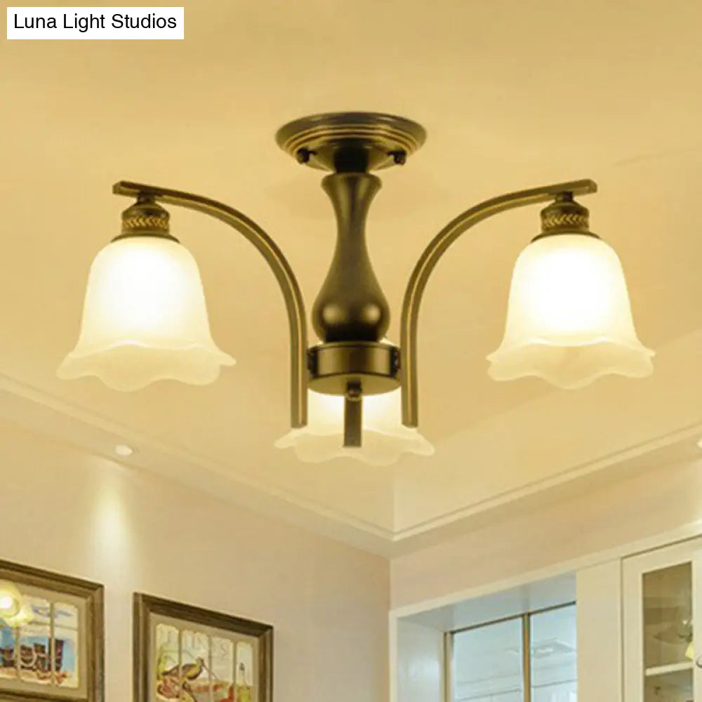 Rustic Ruffled Semi Flush Cream Glass Chandelier - Stylish Ceiling Light For Living Room 3 / Black