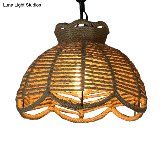 Rustic Scalloped Bowl Pendant Ceiling Lamp With Jute Rope Suspension - Wood Finish Ideal For Dining