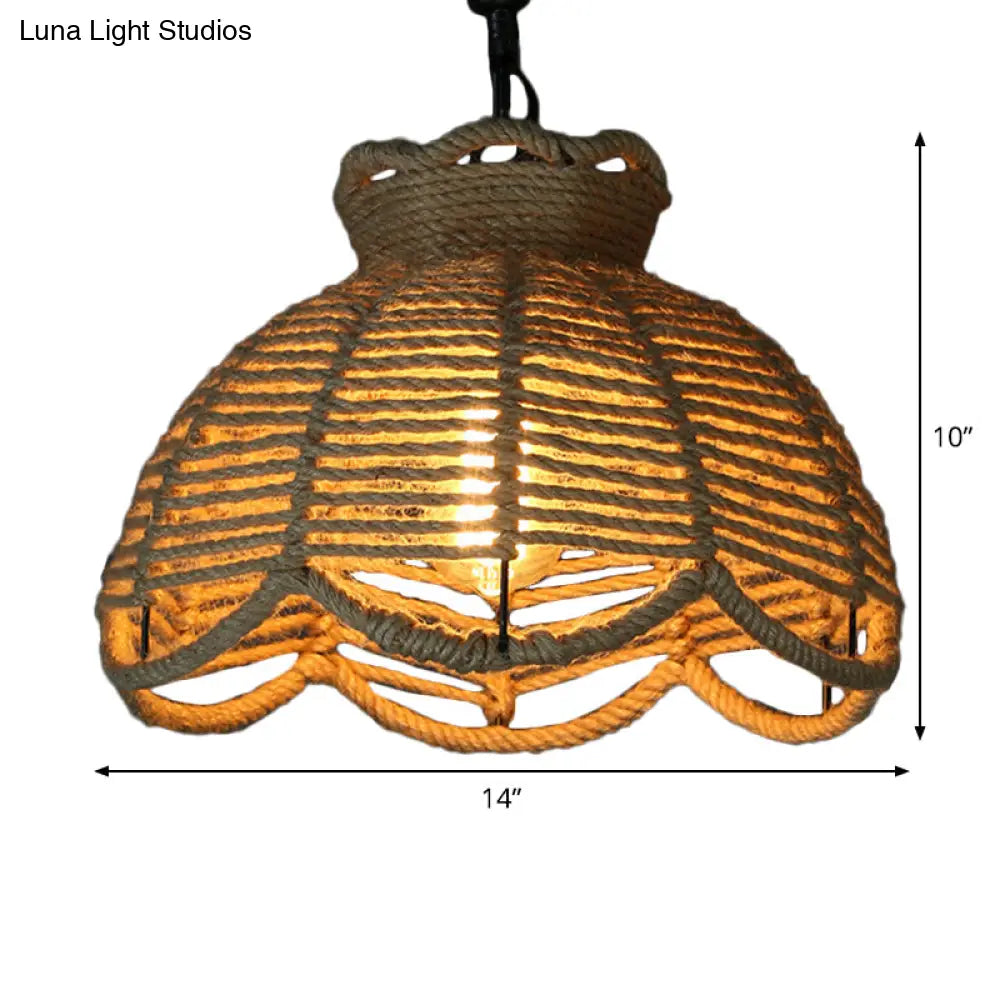 Rustic Scalloped Bowl Pendant Ceiling Lamp With Jute Rope Suspension - Wood Finish Ideal For Dining
