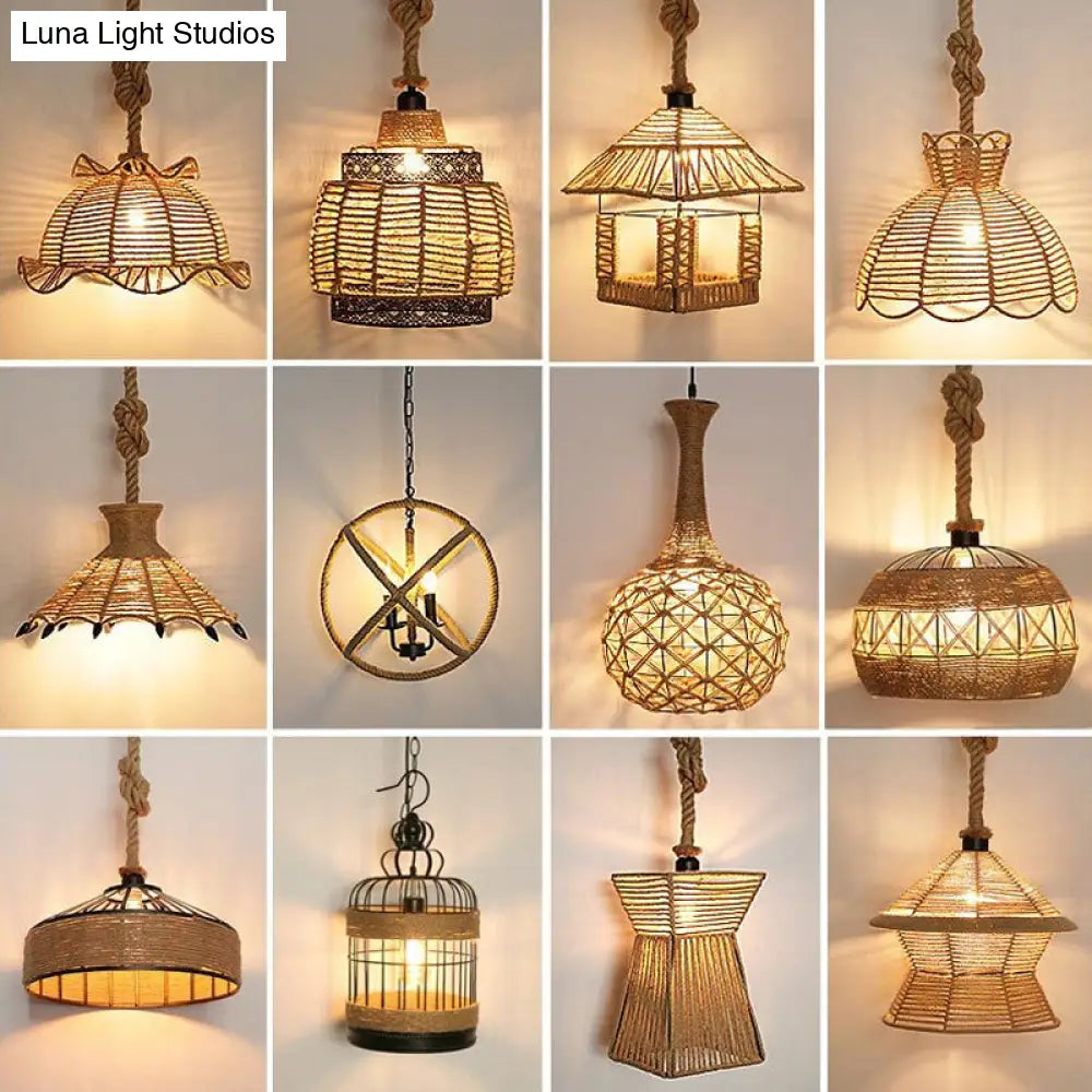 Rustic Bowl Pendant Light With Jute Rope Suspension For Dining Room