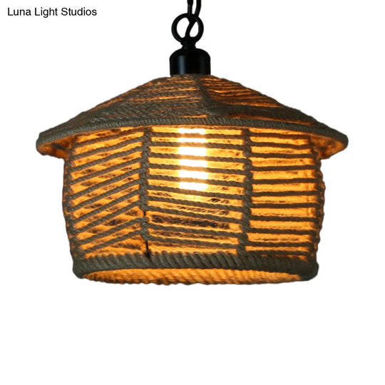 Rustic Scalloped Bowl Pendant Ceiling Lamp With Jute Rope Suspension - Wood Finish Ideal For Dining