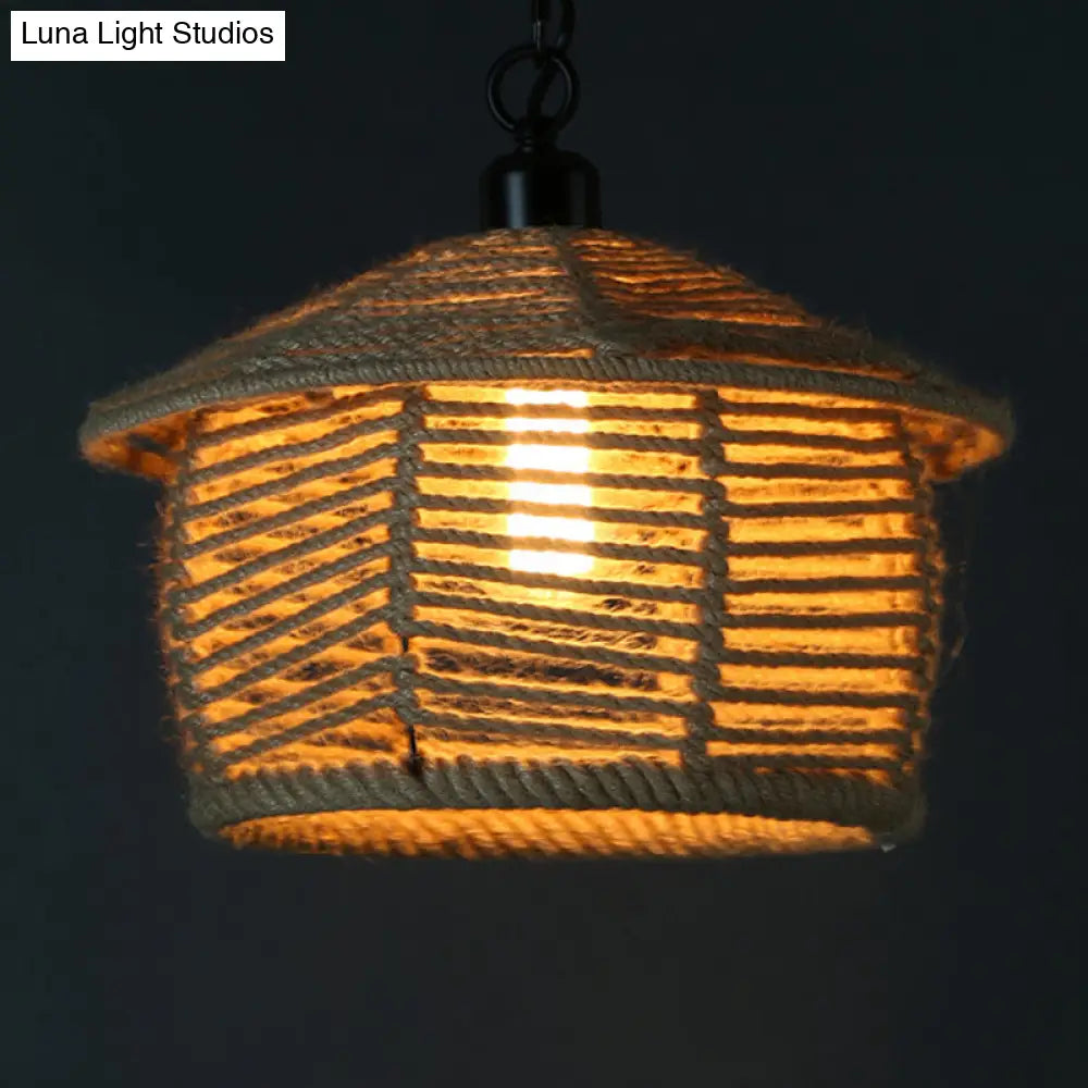 Rustic Scalloped Bowl Pendant Ceiling Lamp With Jute Rope Suspension - Wood Finish Ideal For Dining