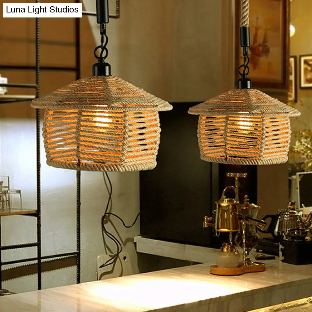 Rustic Bowl Pendant Light With Jute Rope Suspension For Dining Room Wood / B