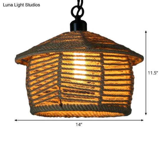 Rustic Scalloped Bowl Pendant Ceiling Lamp With Jute Rope Suspension - Wood Finish Ideal For Dining