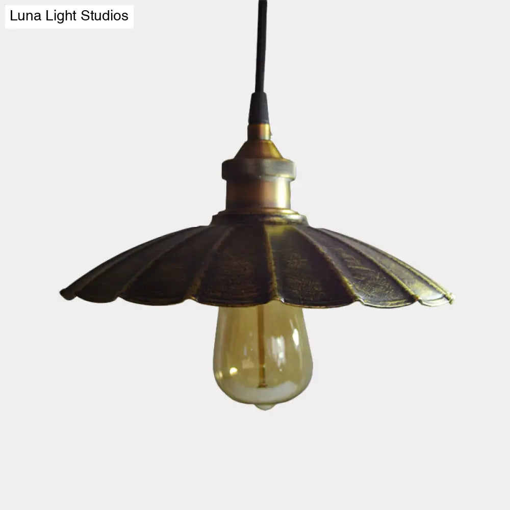 Rustic Scalloped Bronze Pendant Light Fixture - 1-Light Metallic Hanging Lamp Multiple Width Options