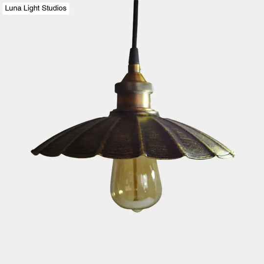 Rustic Scalloped Bronze Pendant Light Fixture - 1-Light Metallic Hanging Lamp Multiple Width Options