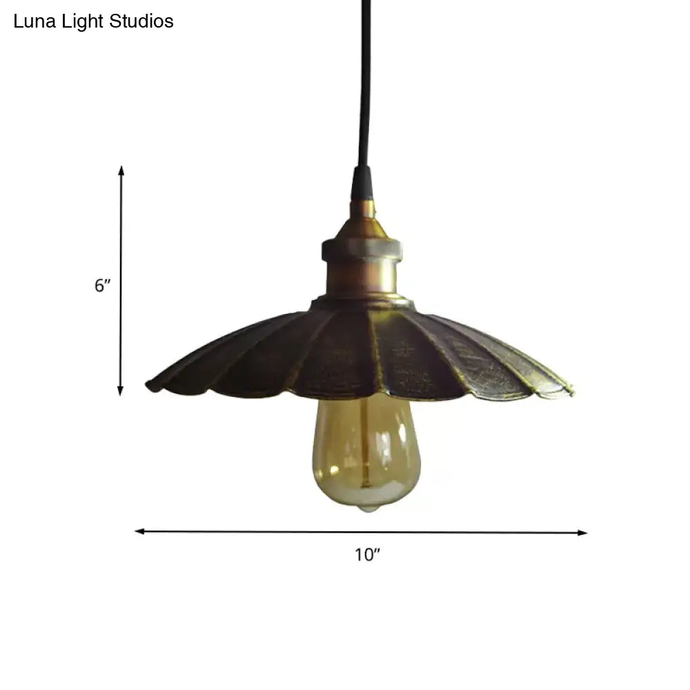 Rustic Scalloped Bronze Pendant Light Fixture - 1-Light Metallic Hanging Lamp Multiple Width Options