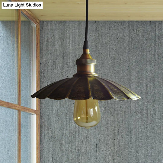 Rustic Scalloped Bronze Pendant Light Fixture - 1-Light Metallic Hanging Lamp Multiple Width Options