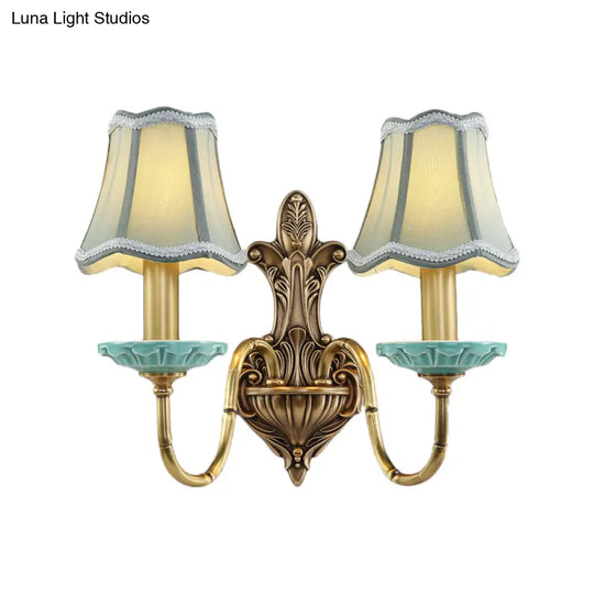 Rustic Scalloped Corridor Wall Sconce - Fabric 1/2-Light Brass Lighting Curved Arm Design