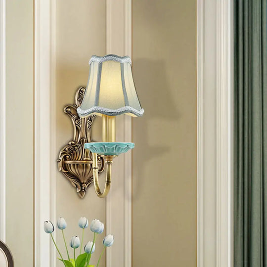 Rustic Scalloped Corridor Wall Sconce - Fabric 1/2-Light Brass Lighting Curved Arm Design 1 /