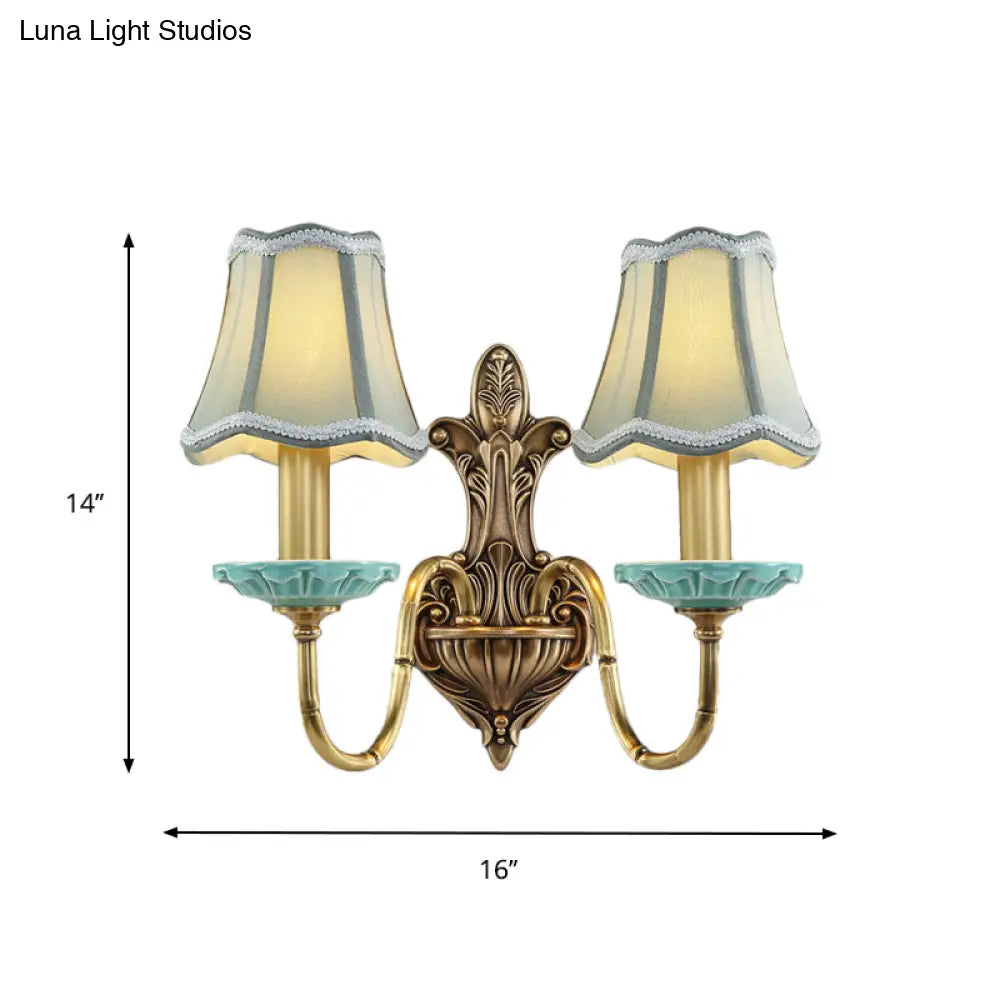 Rustic Scalloped Corridor Wall Sconce - Fabric 1/2-Light Brass Lighting Curved Arm Design