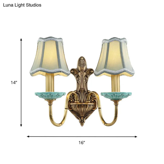 Rustic Scalloped Corridor Wall Sconce - Fabric 1/2-Light Brass Lighting Curved Arm Design