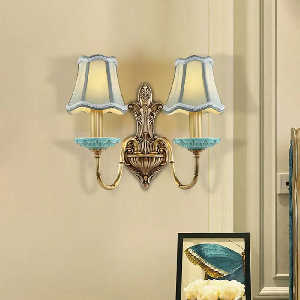 Rustic Scalloped Corridor Wall Sconce - Fabric 1/2-Light Brass Lighting Curved Arm Design 2 /