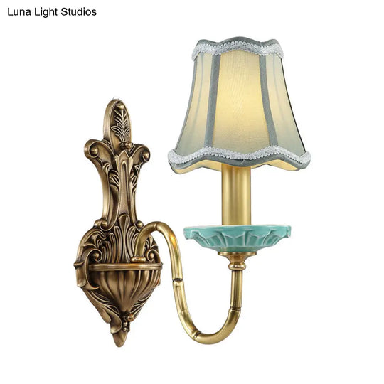 Rustic Scalloped Corridor Wall Sconce - Fabric 1/2-Light Brass Lighting Curved Arm Design