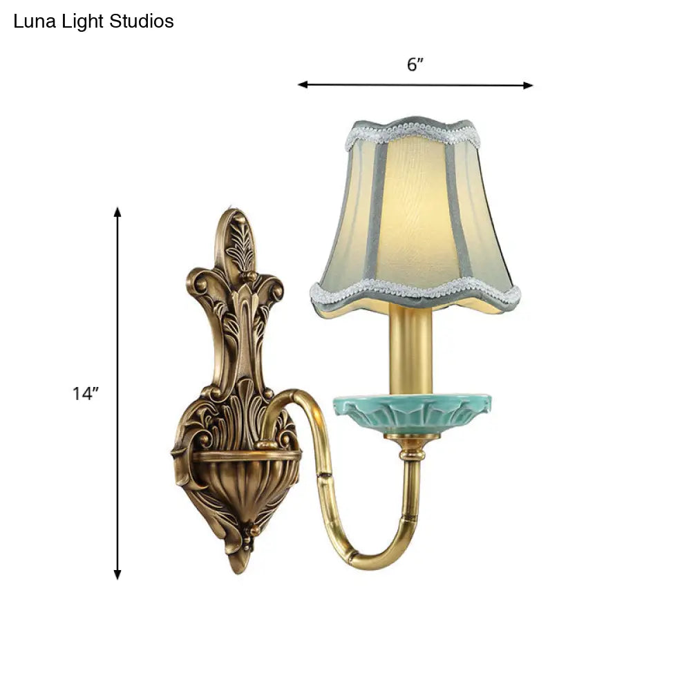 Rustic Scalloped Corridor Wall Sconce - Fabric 1/2-Light Brass Lighting Curved Arm Design