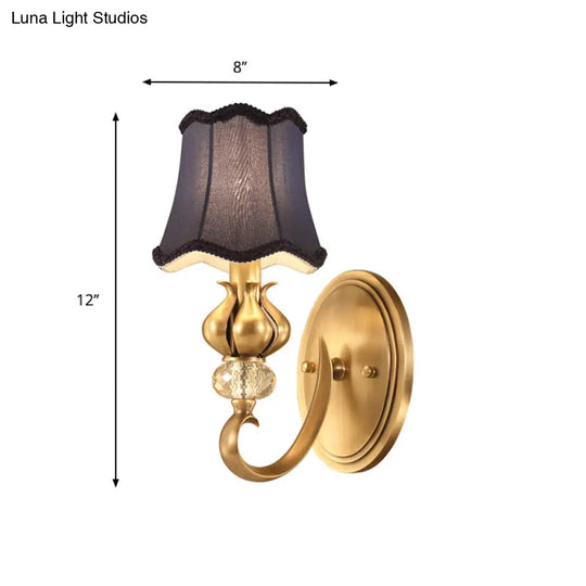 Rustic Scalloped Fabric Wall Sconce With Crystal Accent - 1-Light Brass Bedroom Lighting