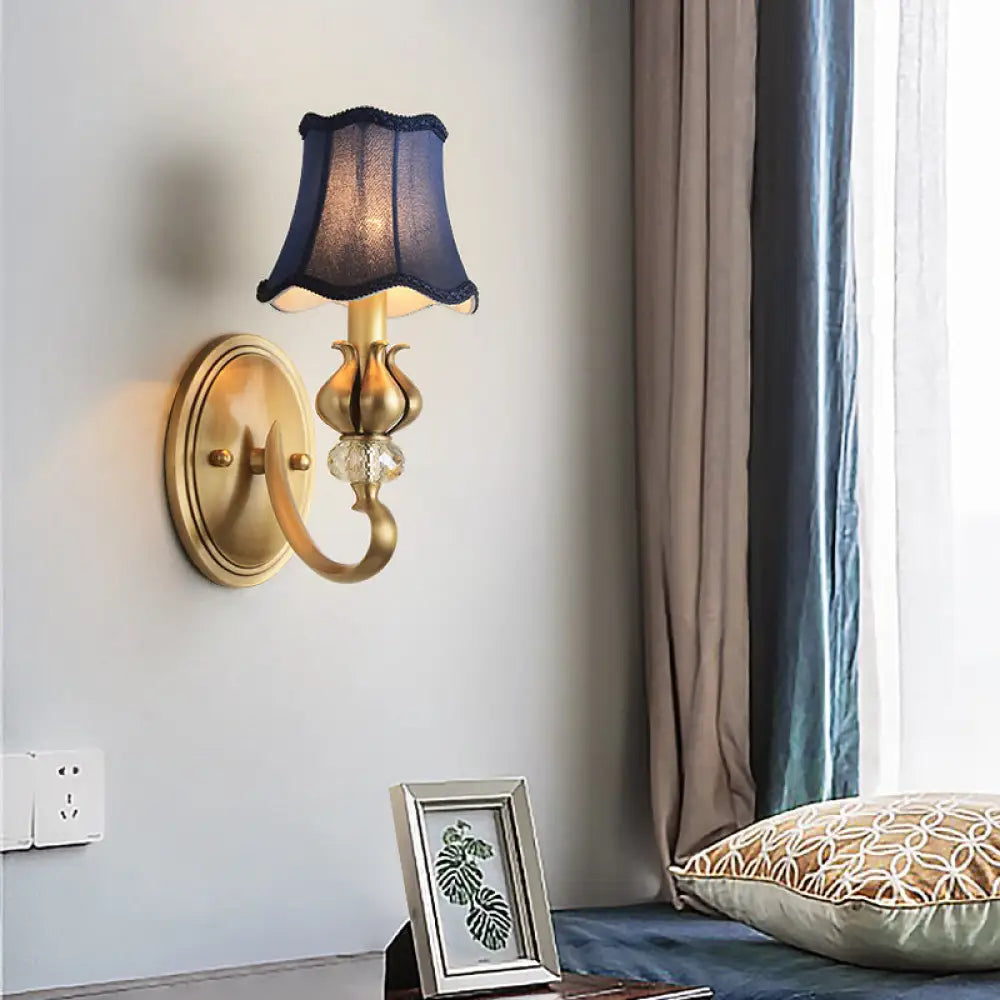 Rustic Scalloped Fabric Wall Sconce With Crystal Accent - 1-Light Brass Bedroom Lighting