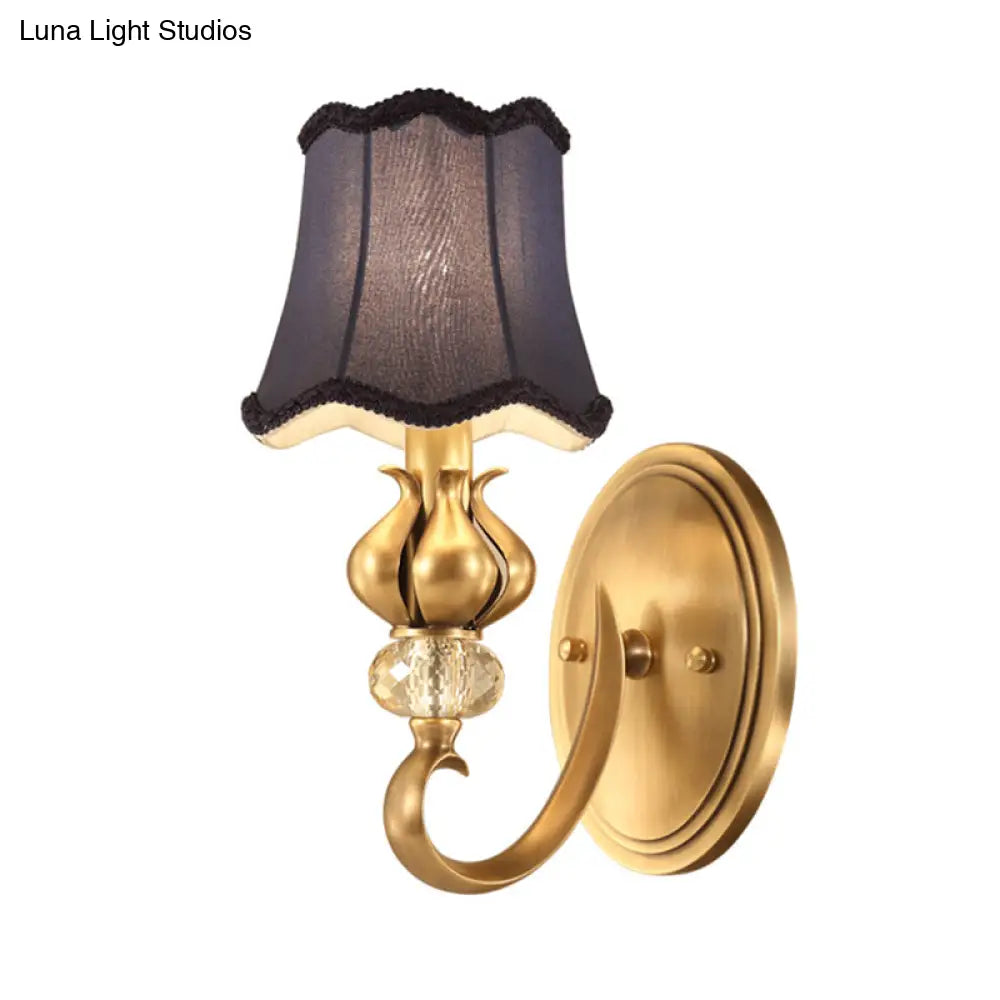 Rustic Scalloped Fabric Wall Sconce With Crystal Accent - 1-Light Brass Bedroom Lighting