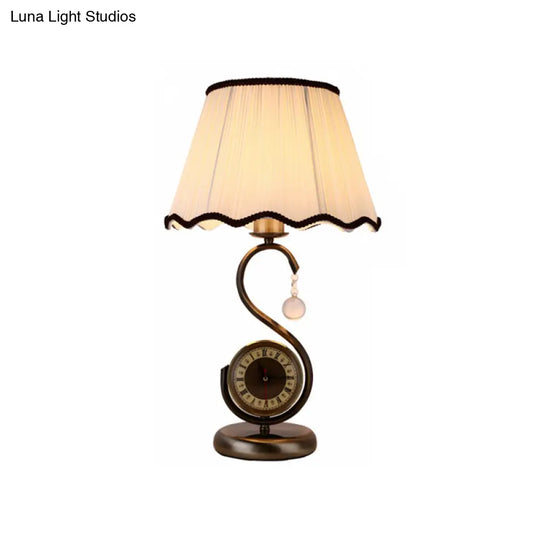 Rustic Scalloped Living Room Table Lamp With Black Nightstand Lighting S Arm Clock And Fabric Shade