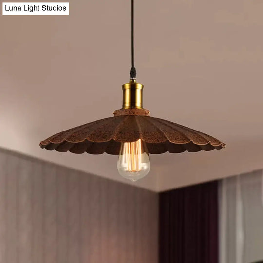 Scalloped Rust Finish Pendant Light - Lodge Style Iron Hanging Lamp 1 10/12 Diameter