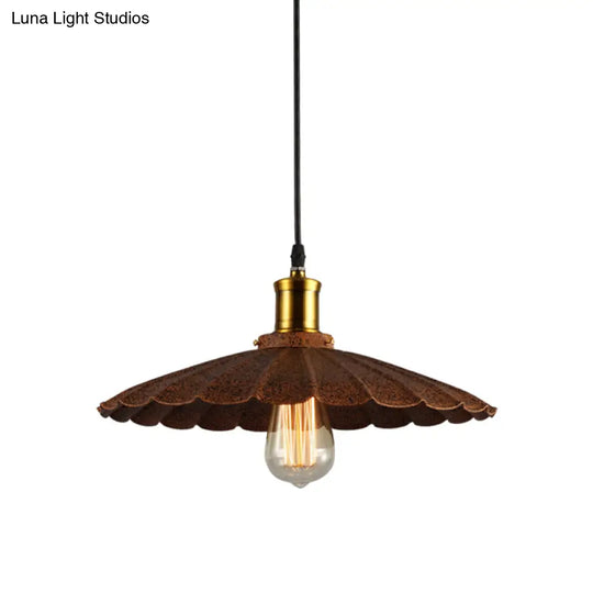 Scalloped Rust Finish Pendant Light - Lodge Style Iron Hanging Lamp 1 10/12 Diameter