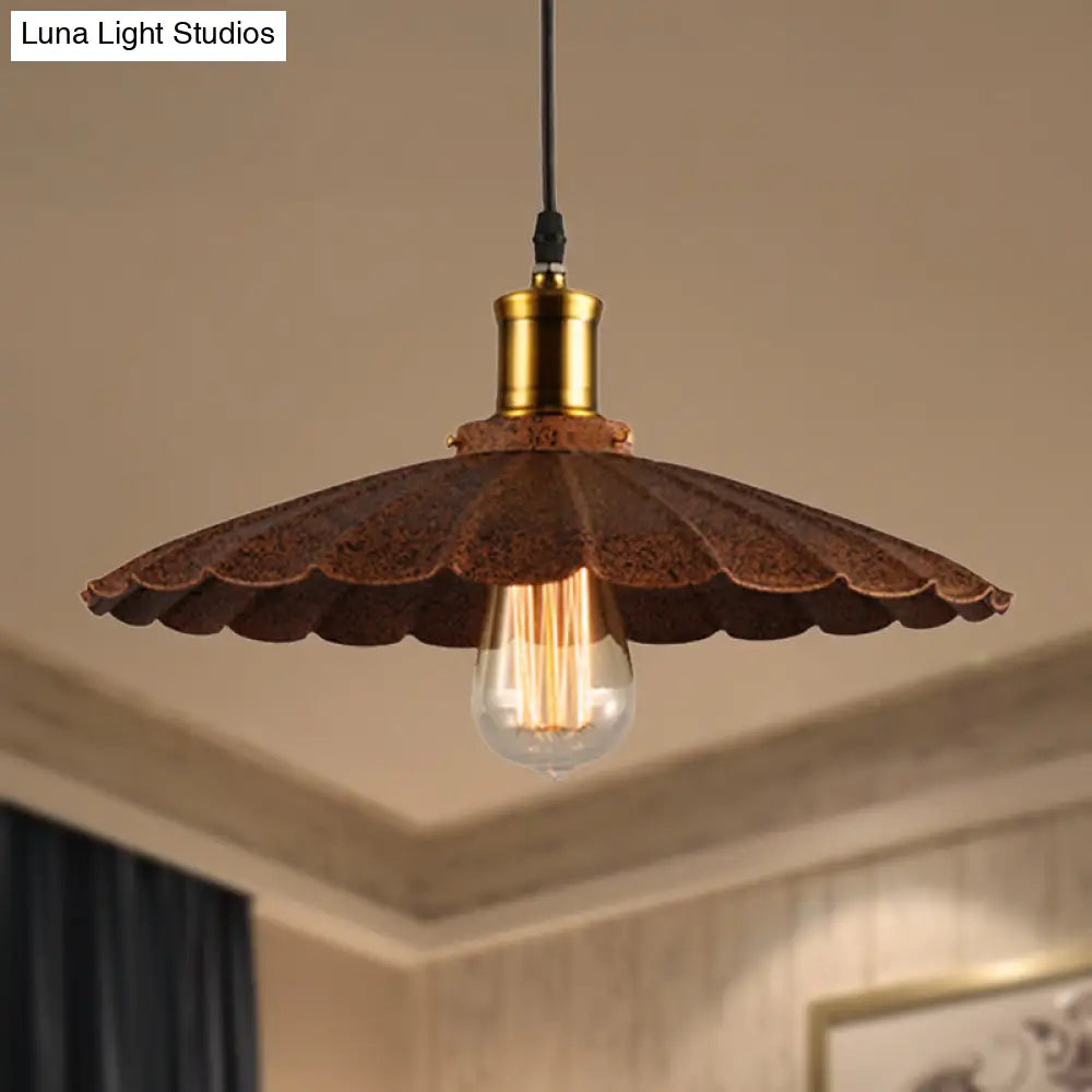 Scalloped Rust Finish Pendant Light - Lodge Style Iron Hanging Lamp 1 10/12 Diameter / 10