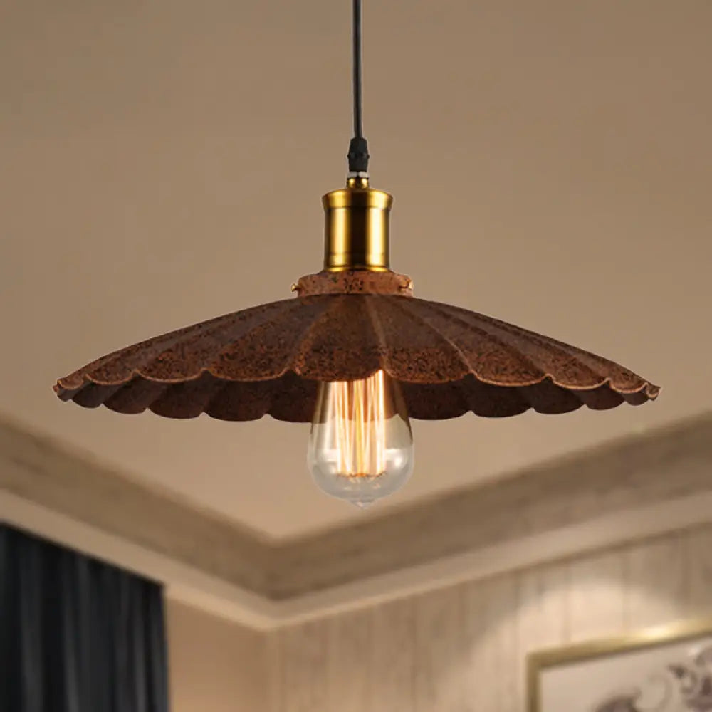 Rustic Scalloped Pendant Light - Lodge Style Iron Kitchen Hanging Lamp 10’/12’ Diameter Rust / 10’