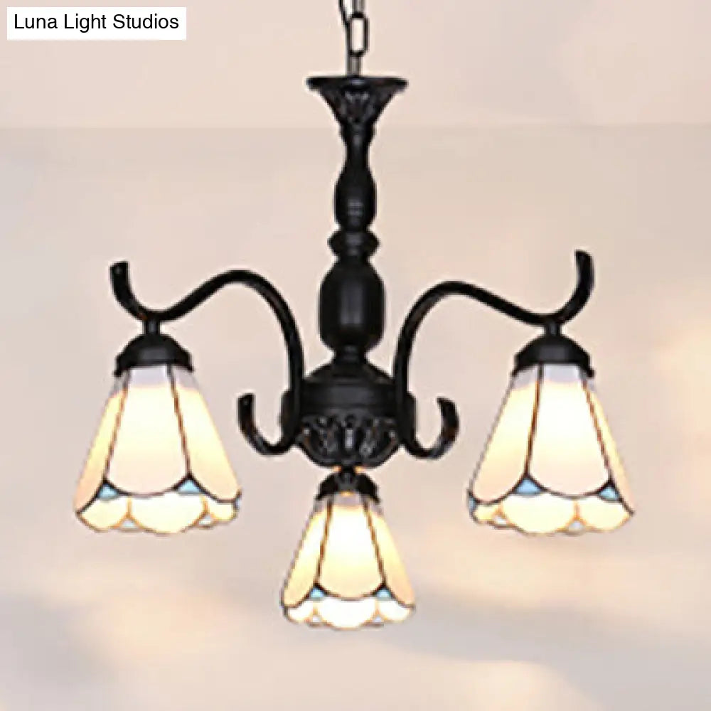 Country Style Stained Glass Chandelier With Scalloped Shade And 3 Lights For Living Room Décor White