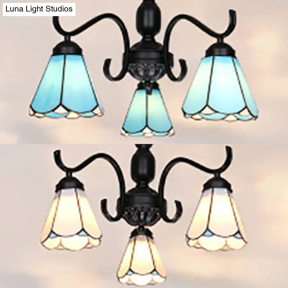 Country Style Stained Glass Chandelier With Scalloped Shade And 3 Lights For Living Room Décor