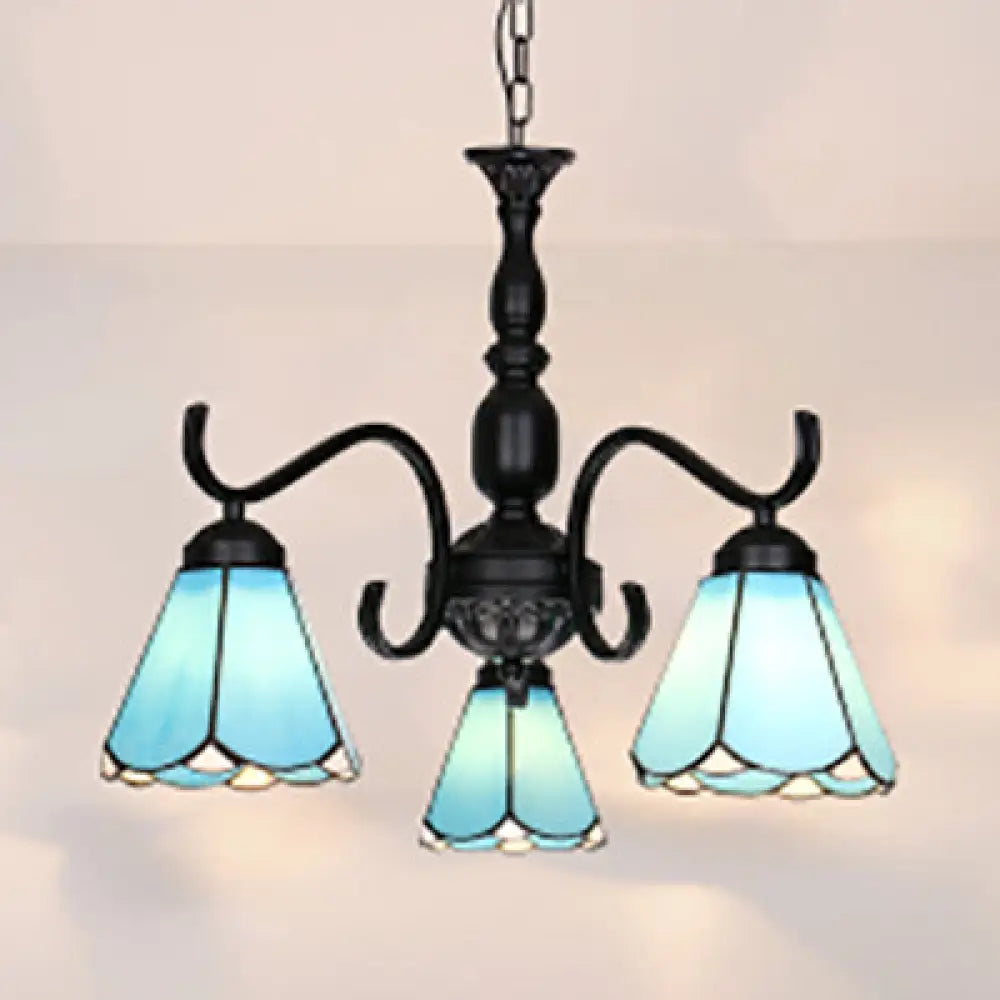 Rustic Scalloped Stained Glass Pendant Chandelier With 3 Lights For Living Room Blue