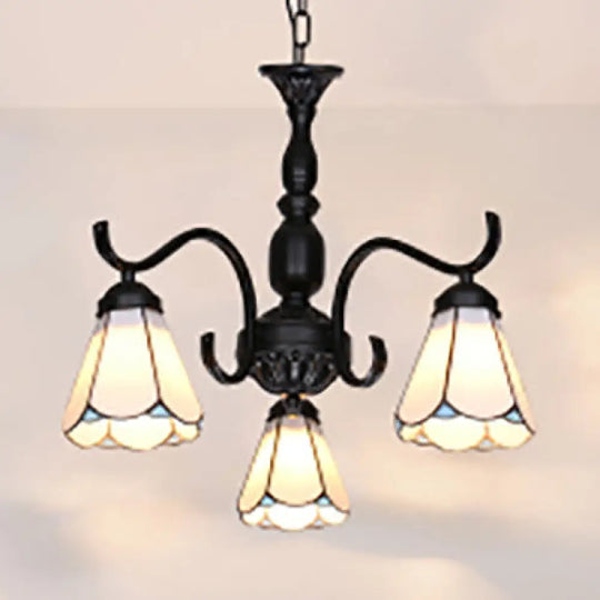 Rustic Scalloped Stained Glass Pendant Chandelier With 3 Lights For Living Room White