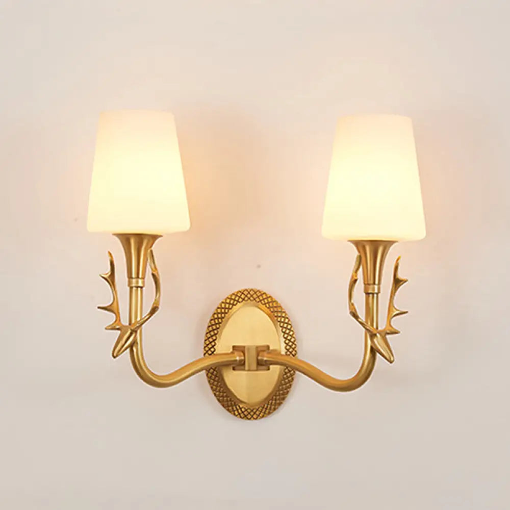 Rustic Scrolled Arm Milk Glass Sconce Lighting: Wall Mounted Brass Fixture For Bedroom (1/2 Light) 2