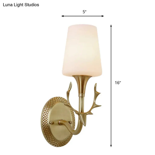 Rustic Scrolled Arm Milk Glass Sconce Lighting: Wall Mounted Brass Fixture For Bedroom (1/2 Light)