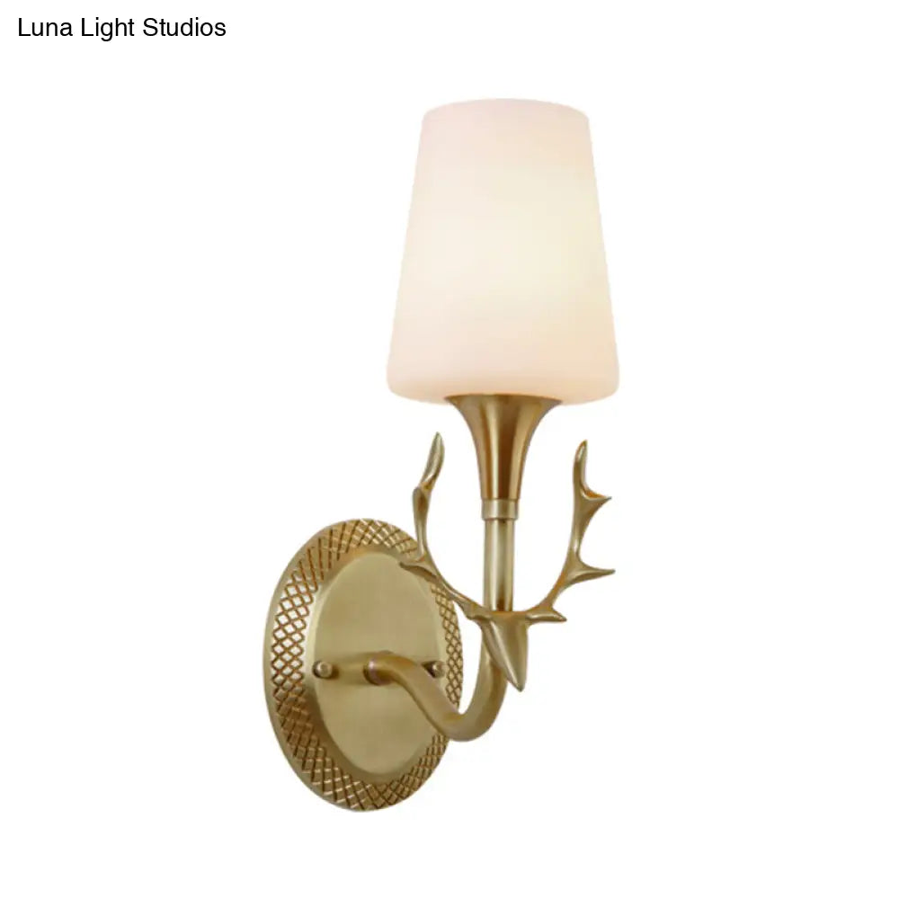 Rustic Scrolled Arm Milk Glass Sconce Lighting: Wall Mounted Brass Fixture For Bedroom (1/2 Light)